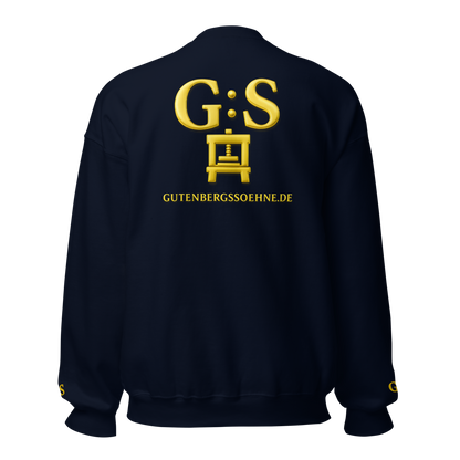 Navyblauer Unisex-Pullover von GutenbergsSöhne mit goldfarbener Druckerpressen-Stickerei