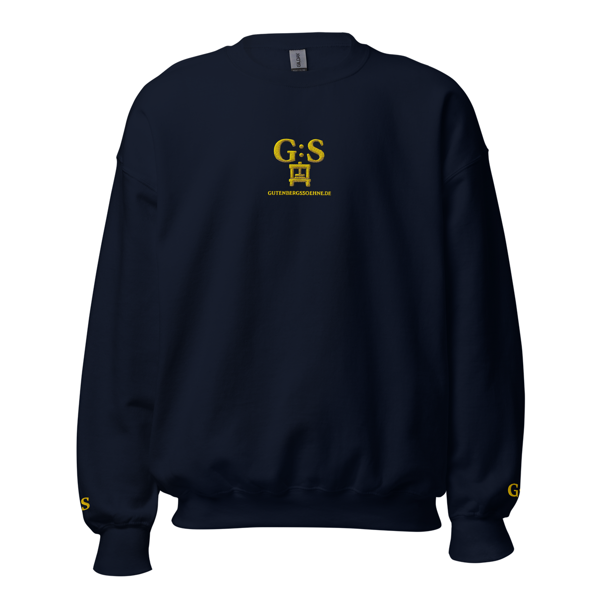 Navyblauer Unisex-Pullover von GutenbergsSöhne mit goldfarbener Druckerpressen-Stickerei