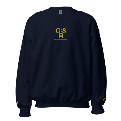 Navyblauer Unisex-Pullover von GutenbergsSöhne mit goldfarbener Druckerpressen-Stickerei
