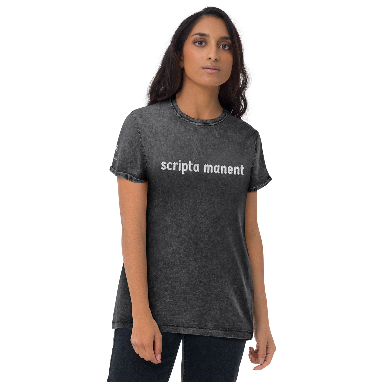 Denim-T-Shirt „Scripta manent“ – von GutenbergsSoehne.de