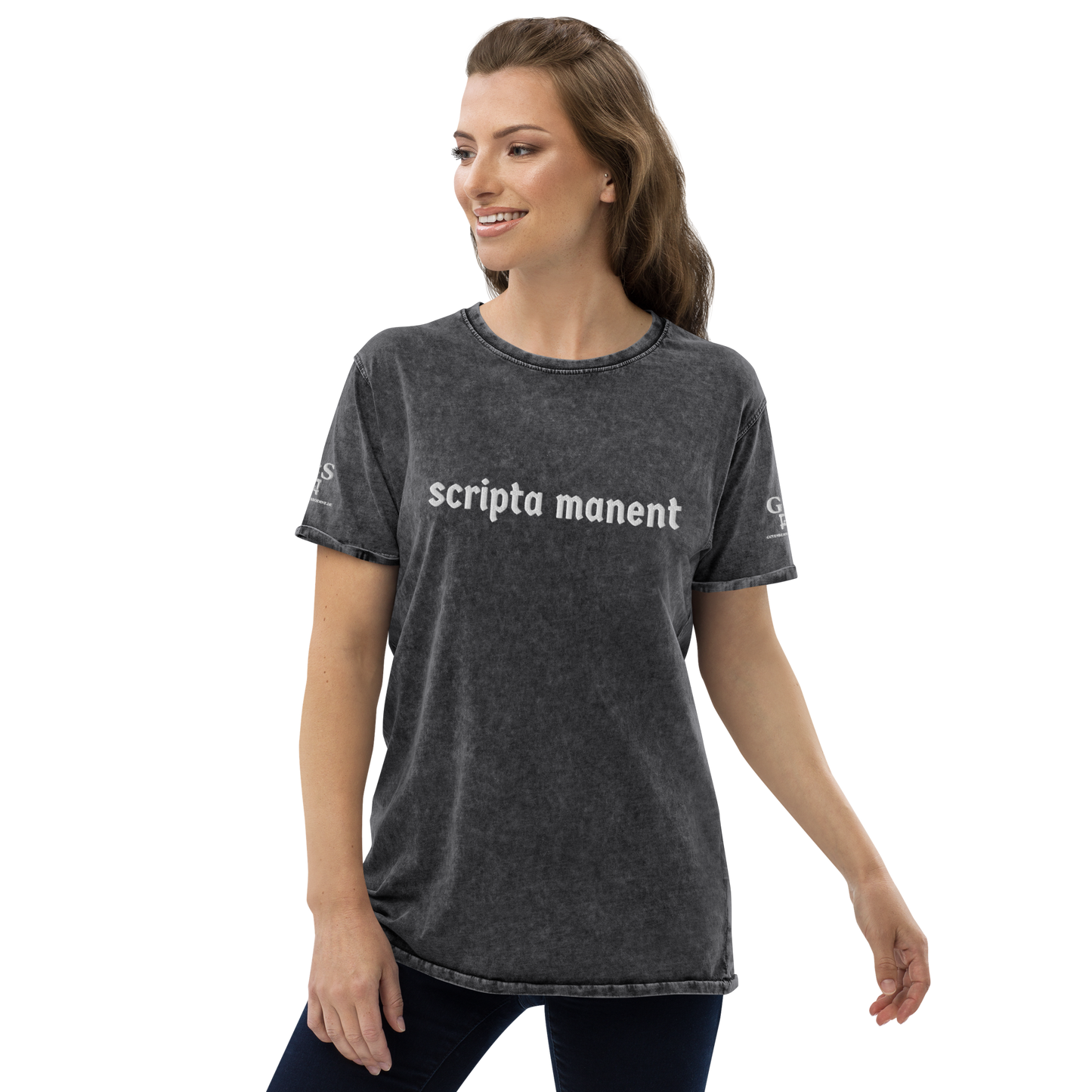 Denim-T-Shirt „Scripta manent“ – von GutenbergsSoehne.de