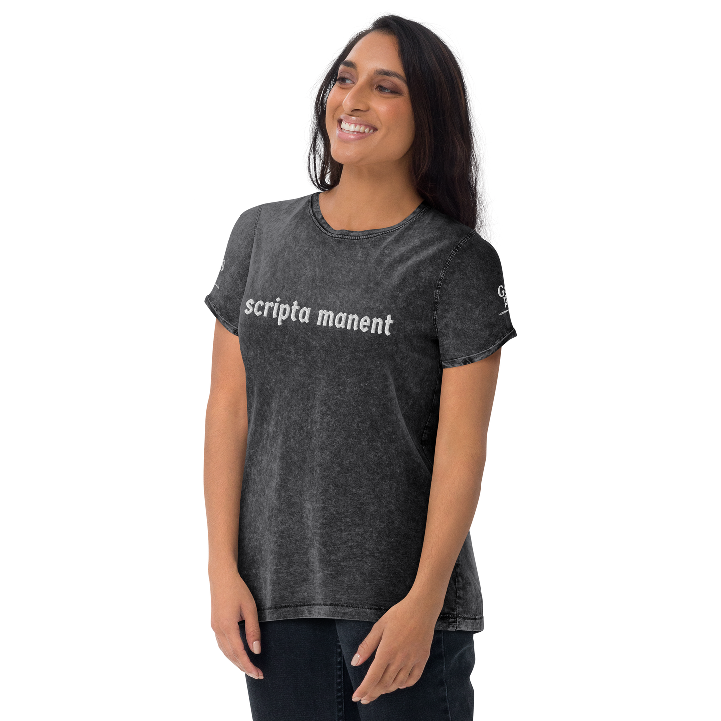 Denim-T-Shirt „Scripta manent“ – von GutenbergsSoehne.de