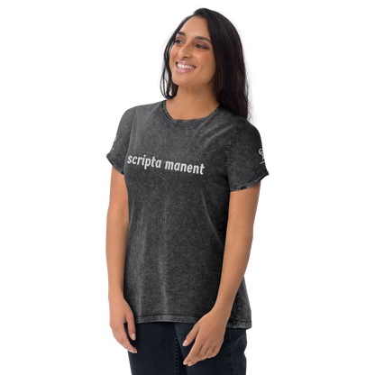 Denim-T-Shirt „Scripta manent“ – von GutenbergsSoehne.de